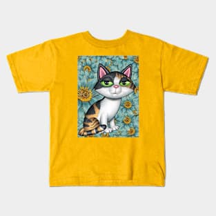 Cute Calico Kitty Cat with yellow and green flowers Kids T-Shirt